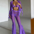 Conjunto Roxo Fantasia Sexy Calça Flare, Bikini, String, Blusa