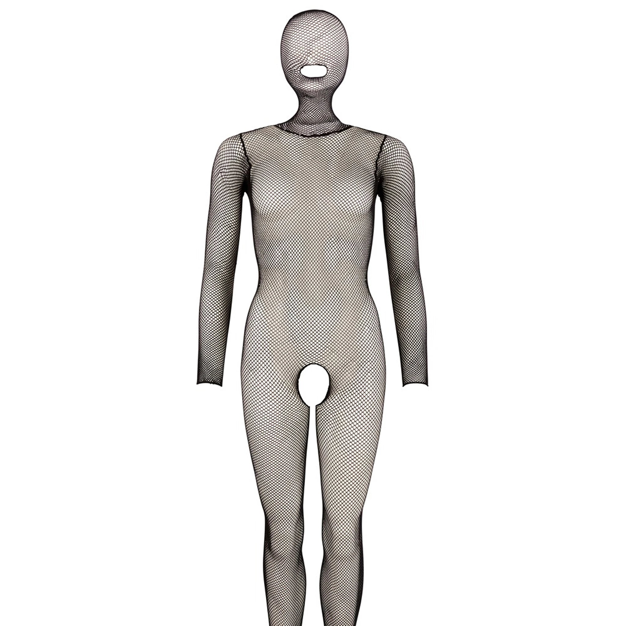 Catsuit de Rede com Capuz Integrado e Abertura Íntima S-L