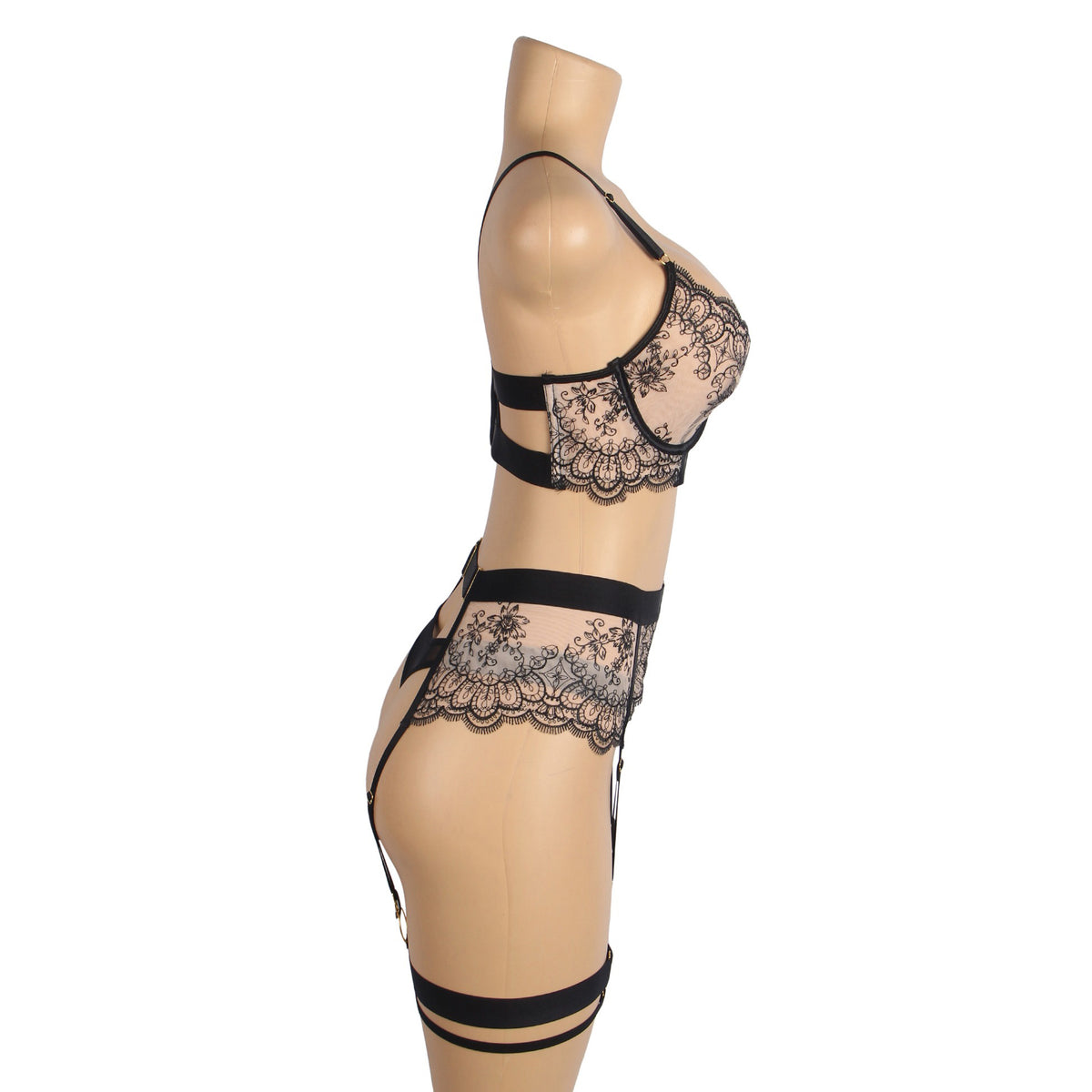 Conjunto de Lingerie Preto em Renda com Ligas - Tamanho M