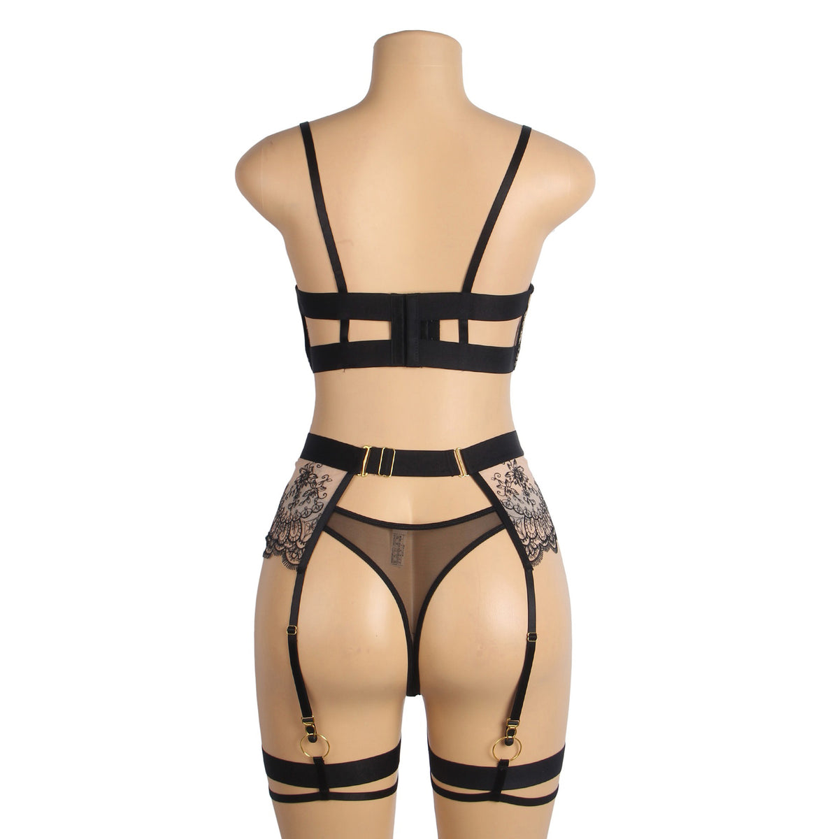 Conjunto de Lingerie Preto em Renda com Ligas - Tamanho L