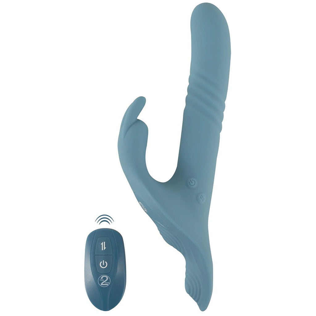 Kit Strap-On e Arnês Ajustável Azul com Vibrador Rabbit de Vaivém