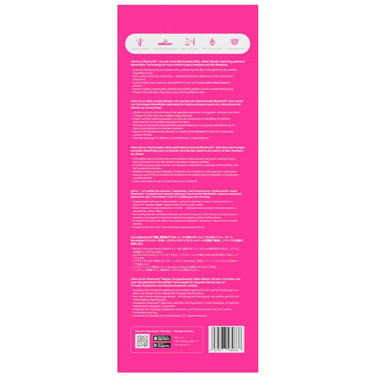 Vibrador Rabbit Rotativo Lovense Velvo Rosa c/ Controlo por App