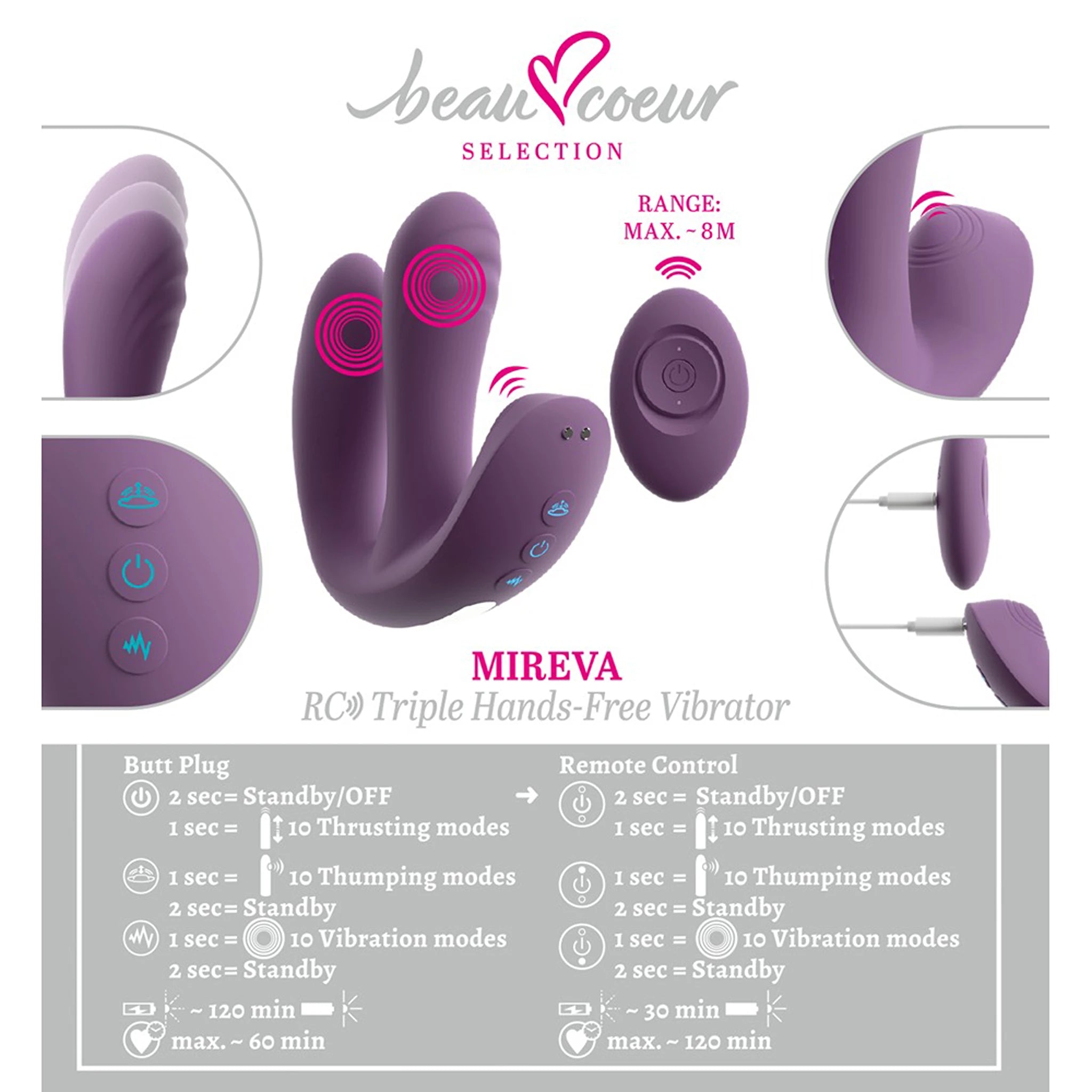Vibrador Triplo de Silicone com Função Vaivém e Comando Roxo (12,2 cm)